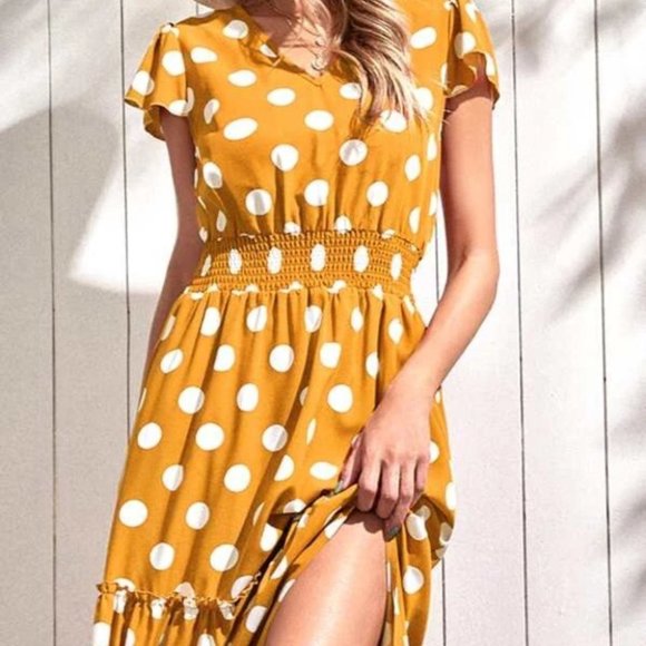 yellow polka dot print ruffle hem maxi dress - Picture 4 of 7